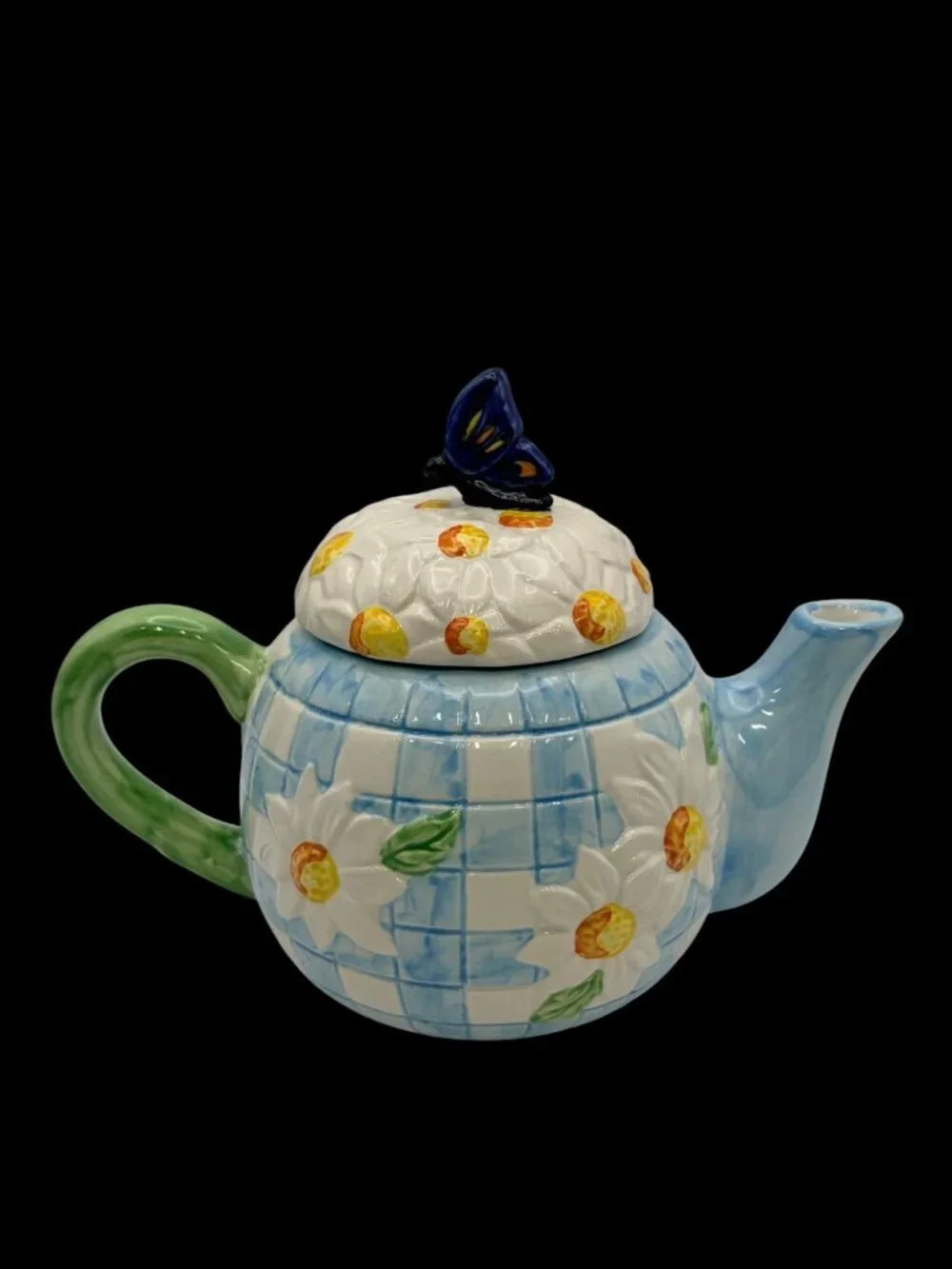 Vintage Betallic Inc Ceramic Teapot Blue White Daisy Butterfly Lid Cottagecore